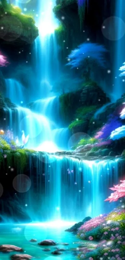 Enchanting fantasy waterfall with vibrant colors and serene natural beauty.