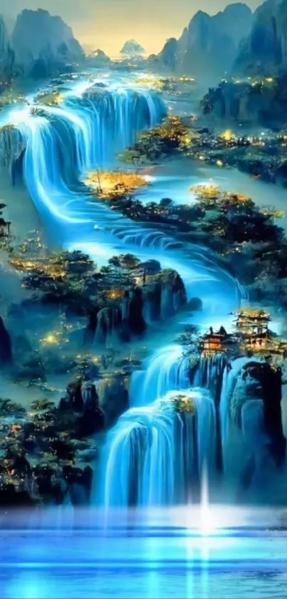 Fantasy waterfall artwork with vibrant blue hues creating a serene landscape.