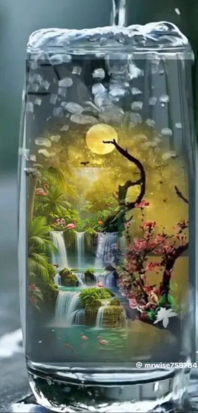 Fantasy landscape with waterfall and moon inside a glass of water.