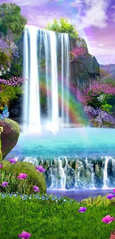 Vibrant fantasy landscape with waterfall.