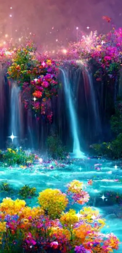 Fantasy waterfall with vibrant flowers and magical landscape.