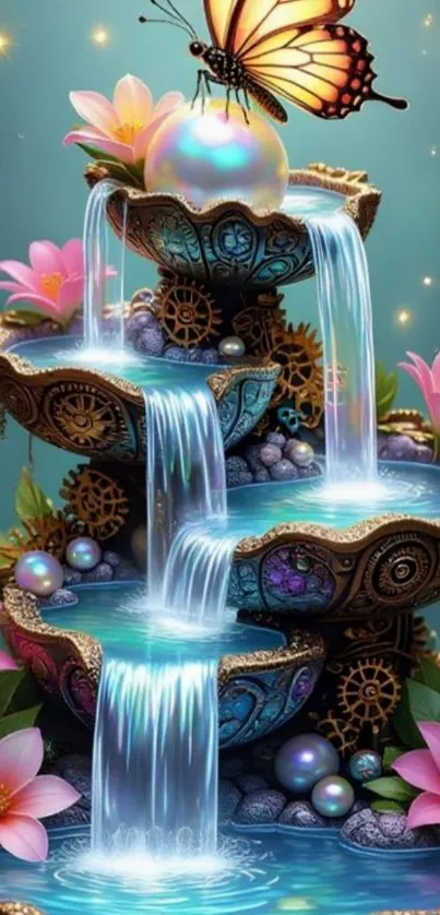 Fantasy waterfall with flowers and butterfly