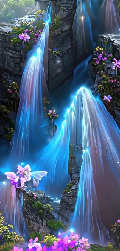 Fantasy waterfall scene with glowing butterflies.