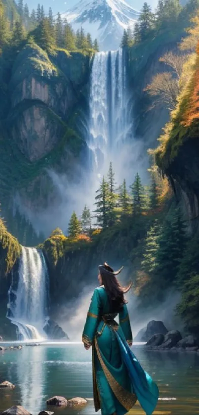 Fantasy landscape with waterfalls and a robed figure in a lush forest setting.