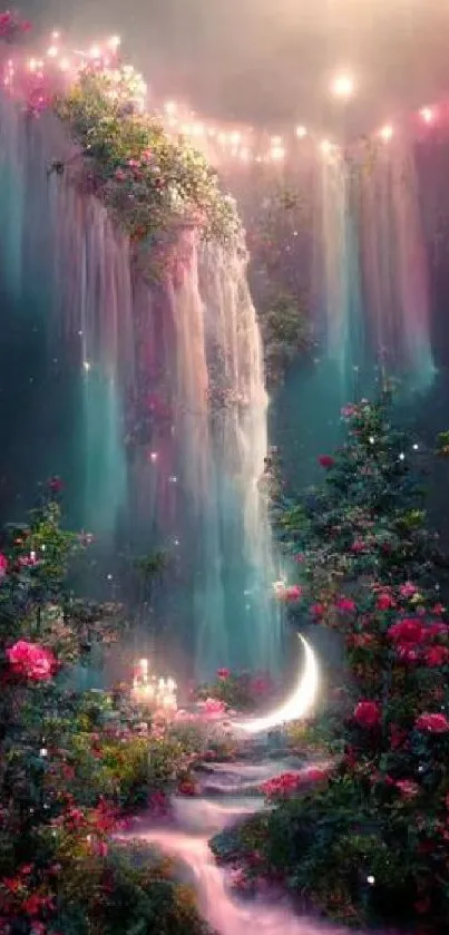 Fantasy waterfall with pink flowers and mystical lighting.