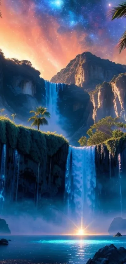 Stunning waterfall with galaxy sky and palm trees, perfect mobile wallpaper.