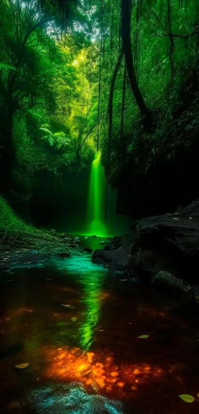 Glowing waterfall in lush green forest scenery.