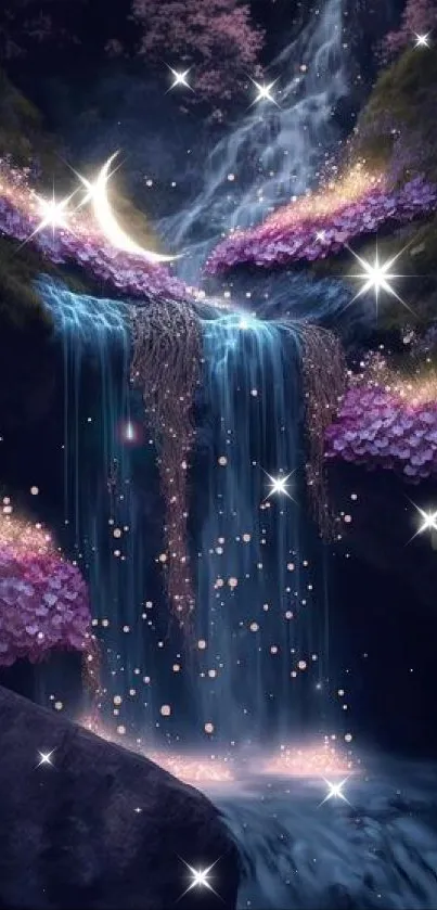 Magical waterfall under moonlight with glowing purple flowers and mist