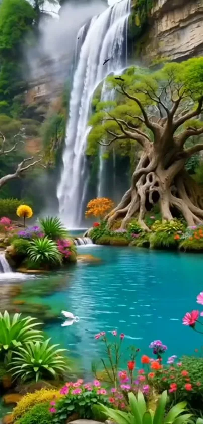 Stunning waterfall and vibrant garden in tranquil landscape