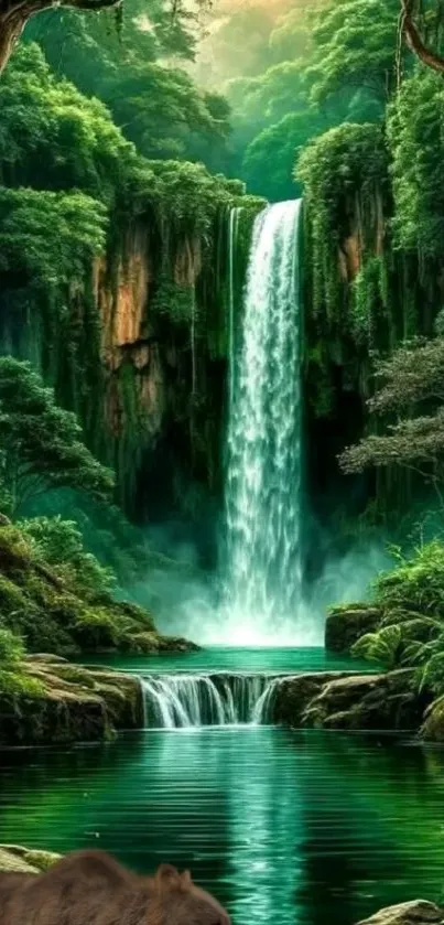 Lush green forest with a cascading waterfall and serene pool.