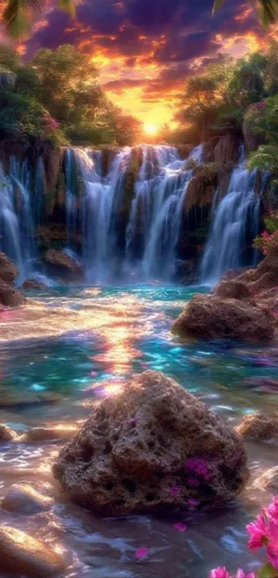 Beautiful waterfall and vibrant floral landscape at sunset.