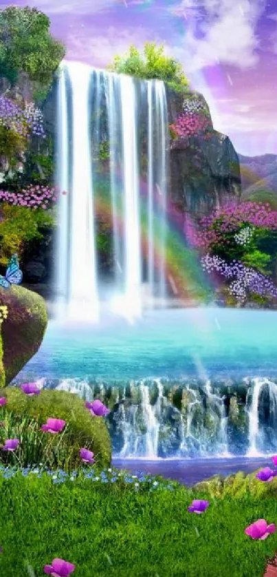 Enchanting waterfall and lush greenery with vibrant flowers.