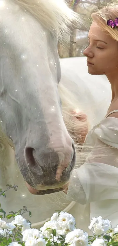 Elegant woman with white horse in a serene fantasy scene.
