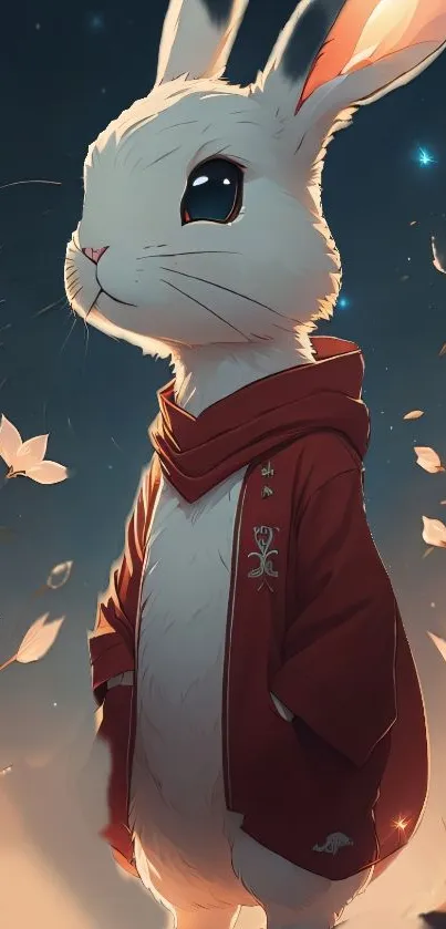 White rabbit in red cloak amidst a magical forest setting with floating leaves.