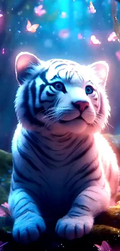 White tiger in a fantasy setting with pink flowers and glowing butterflies.