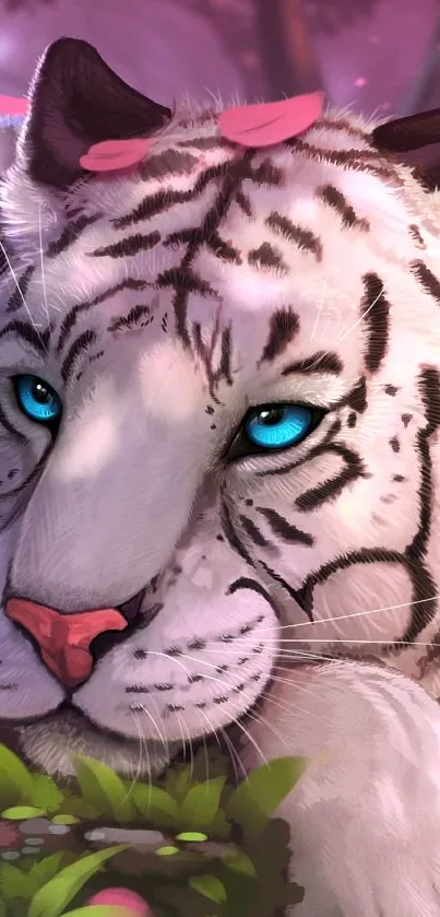 White tiger resting in a mystical forest with pink petals.