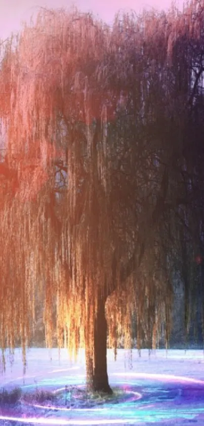 Mystical willow tree with glowing colors in a serene landscape.