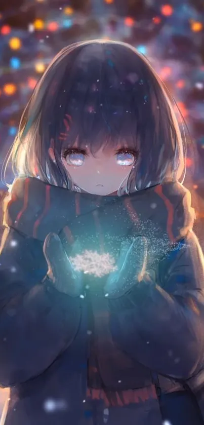 Anime character holding glowing snowflake in winter scene with colorful lights.