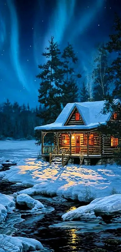 Snow-covered cabin under Northern Lights glow.