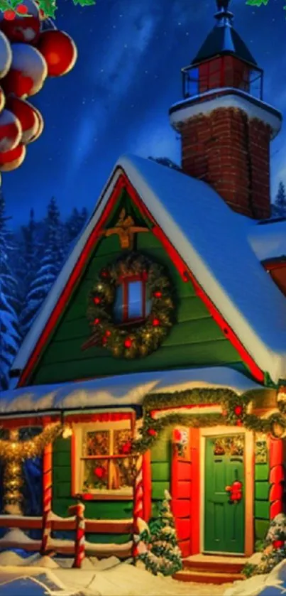 Festive cabin surrounded by snow and decorated for Christmas under a starry night sky.