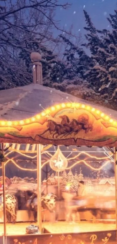 Magical winter carousel illuminated in snowy wonderland.