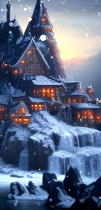 A stunning winter castle with snow-covered cliffs and glowing lights.