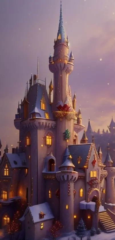 Magical winter castle illuminated at dusk with snowy surroundings.