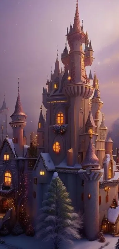 Majestic snow-covered winter castle with glowing lights at dusk.