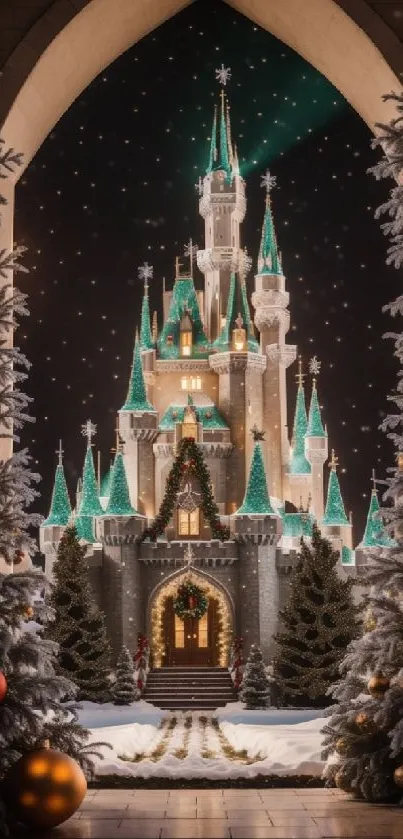 Enchanting snowy castle with holiday decor and festive lights in winter setting.