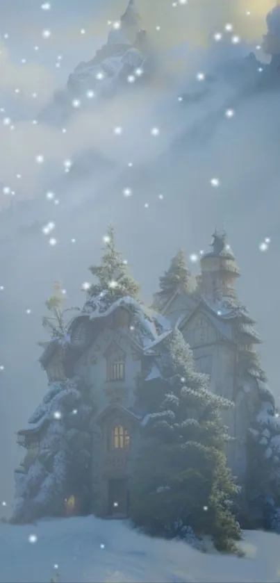 Winter castle with snow-laden trees and falling snowflakes in a mystical setting.