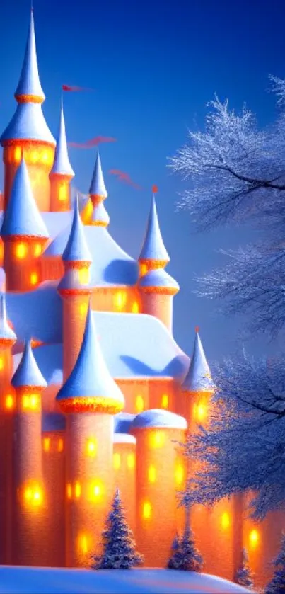 Snowy castle glowing warmly in a serene winter landscape with blue twilight sky.