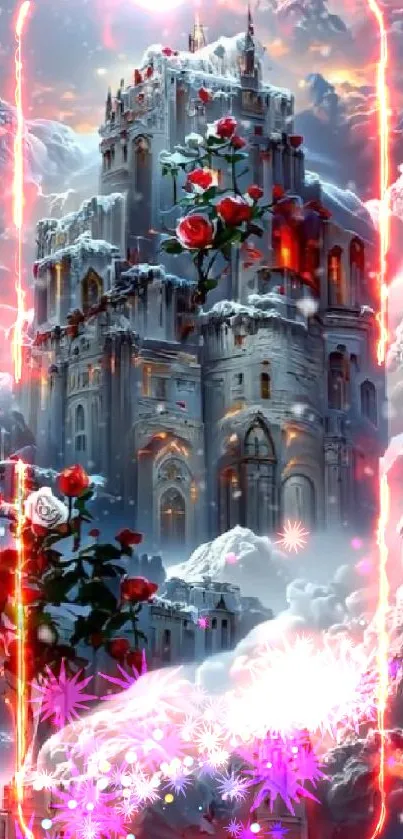 Enchanting snow-covered castle with roses under a full moon.