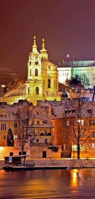 Enchanting winter cityscape with glowing lights and snow.