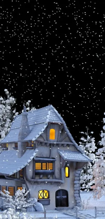 Snowy winter cottage under a black starry sky wallpaper.