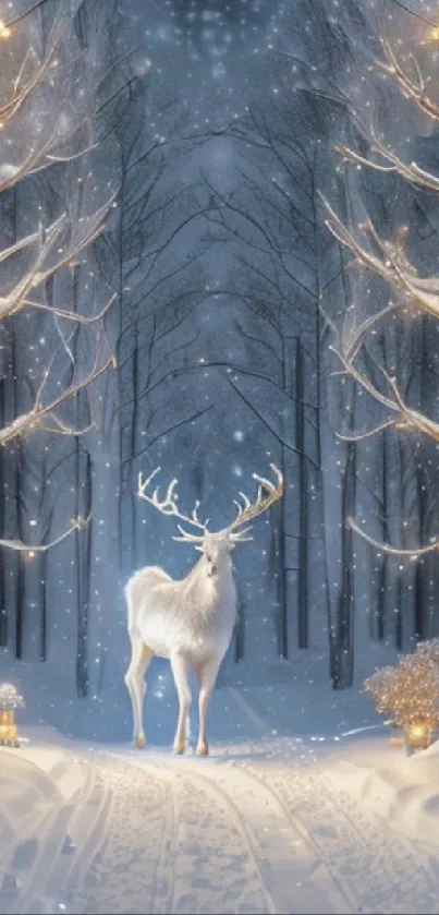 Majestic white deer in a snowy winter forest scene.