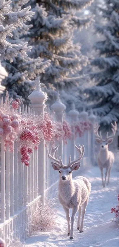 Two deer walking through a snowy winter forest.
