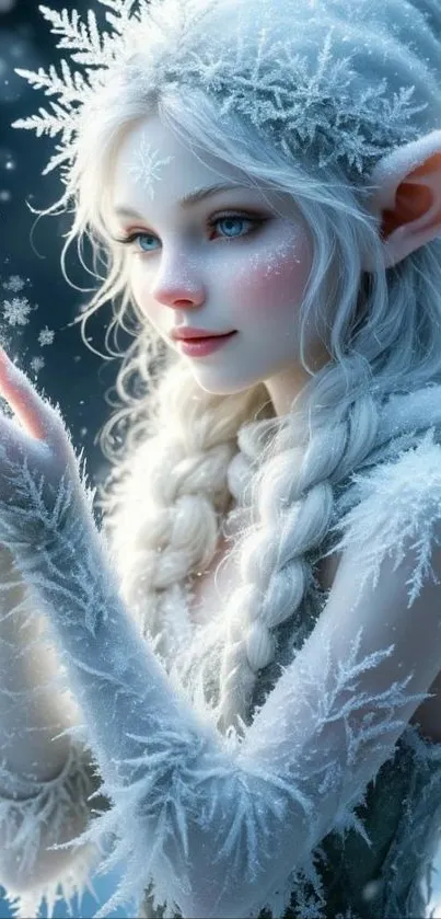 Fantasy snow elf with braided hair in a winter scene.