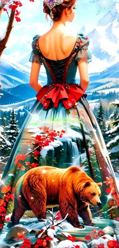 Fantasy art of woman with bear in snowy landscape.