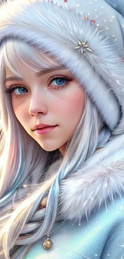 Enchanting winter fantasy art of a girl with snow-white hair and blue eyes.