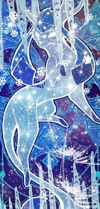 Mystical winter creature in blue digital art with snowflakes and icicles.