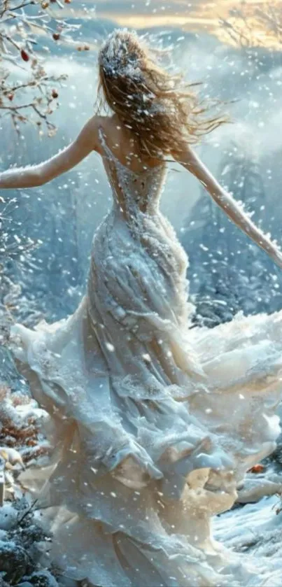 Woman in an elegant dress dances in a snowy winter landscape.