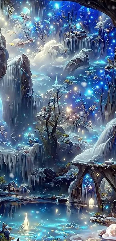 Magical winter wonderland with icy blue landscape.