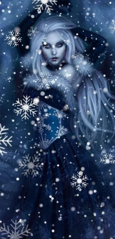 Mystical snow queen in dark blue attire with swirling winter magic.