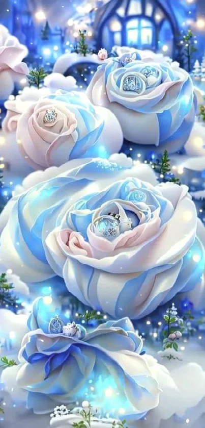 Enchanting blue and white roses in a winter wonderland setting.