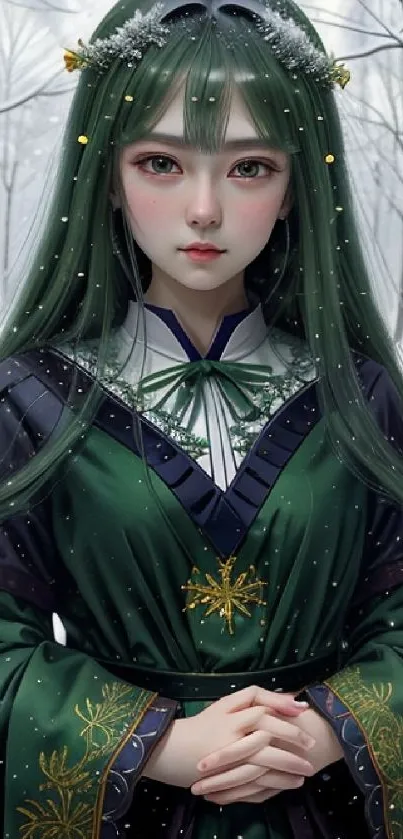 Mystical green-haired maiden in a snowy forest setting.