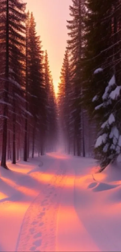 Winter forest path with snow and sunset glow.