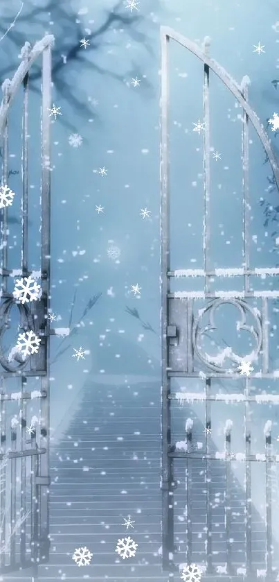 Enchanting snowy gate under a sky blue winter ambience.