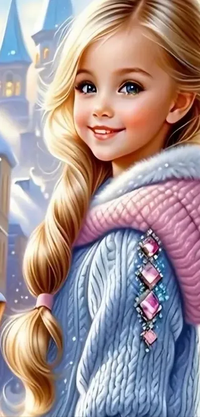 Charming artistic illustration of a girl in a winter wonderland with pastel tones.