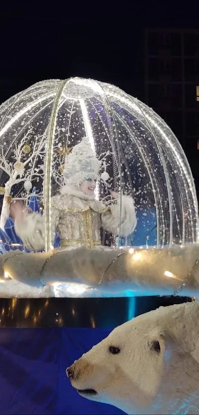 Enchanting snow globe with winter display and polar bear figure at night.