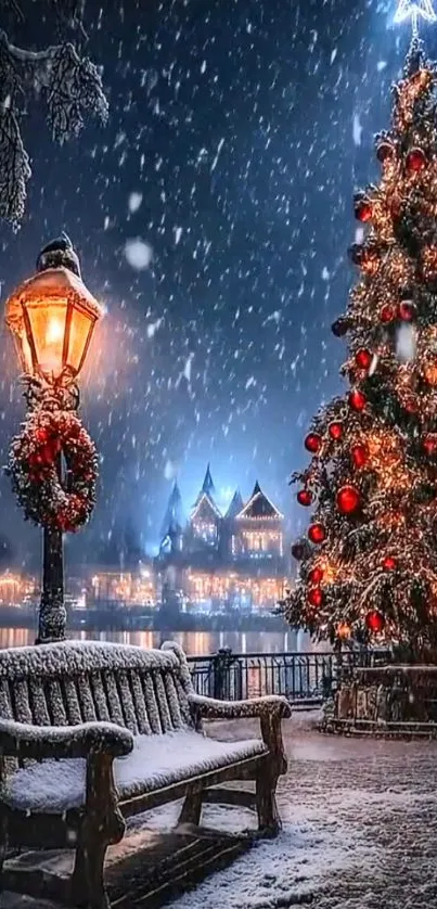 Snowy Christmas scene with tree and bench under street light.